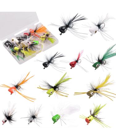 Fly Fishing Poppers, 12/15pcs Topwater Fishing Lures Bass Popper Flies Bugs Lures Fly Fishing Lure Kit Panfish Bait Dry Fly Fishing Flies for Bass Trout Panfish Bluegill Crappie Salmon 12pcs