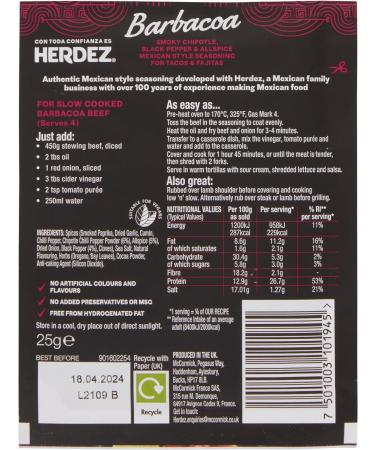 HERDEZ Barbacoa Seasoning 25 G | Serves 4 | Pack of 12 | Smoky Chipotle Black Pepper & Allspice | For Mexican Tacos & Fajitas - Buy Online on GoSupps.com