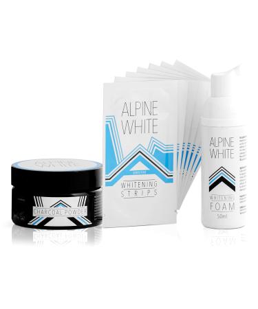 ALPINE WHITE Whitening Set Sensitive: Whitening Strips Sensitive activated carbon powder & whitening foam for visibly whiter teeth I Professional tooth whitening I Clean Fair Vegan 9-piece set