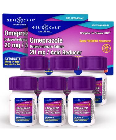 GeriCare Omeprazole Delayed Release Tablets 20mg Stomach Acid Reducer Pills for 24 Hour Heartburn Relief- Acid Reflux Medicine to Treat Frequent Heartburn- Anti-Acid Relief Tablets 42 Count (2 Pack)
