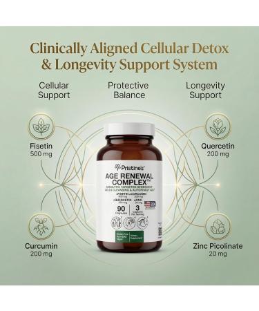 PRISTINE'S Senolytic Anti Aging & Autophagy Aid Age Renewal Complex - Senescent Cell Removal Support - Fisetin Quercetin Curcumin Zinc - Gluten Free Non-GMO Vegan USA Made 1 - Buy Online on GoSupps.com