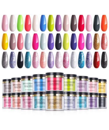 Artdone Dipping Powder Nail Set for Nail Art 42 Colors Acrylic Nail Without Lamp Cure Natural Dry Nail Glitter Long Lasting Nail Art Decoration 42jars