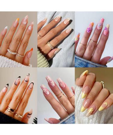 6 Packs (144 Pcs) Press on Nails Medium Design, Misssix Short Fake Nails Almond Glue on Nails Set with Adhesive Tabs Nail File for Women Medium Flowers Press on Nails