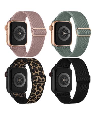 Stretchy Nylon Solo Loop Bands Compatible with Apple Watch 38mm 40mm 41mm Adjustable Braided Sport Elastic Wristbands Women Men Straps for iWatch Series Ultra/8/7/6/5/4/3/2/1/SE 4 Packs Black/Cactus/Leopard/Pink 38mm/40mm/41mm