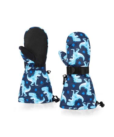 HIGHCAMP Toddlers Boy Girl Winter Gloves Kids Waterproof Snow Mittens Long Cuff with Stay-on Strap XS (3-4 Y) Dino