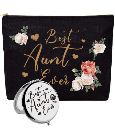 HnoonZ Best Aunt Ever Gifts Aunt Gift Aunt Gifts from Niece Auntie Gifts Aunt Bday Gift from Niece Gifts for Aunt Birthday Gifts for Aunt Aunt Compact Mirror Best Aunt Makeup Bag Aunt Cosmetic Bag