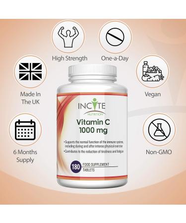 Vitamin C 1000mg | 180 Premium Tablets | High Dose Ascorbic Acid | Vegetarian & Vegan Friendly | Made in UK - Buy Online on GoSupps.com