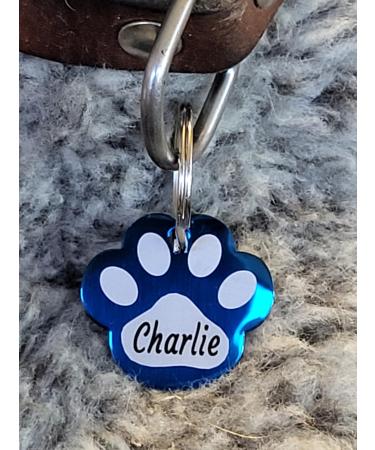 Dog brand made of stainless steel in paw shape with engraving - animal brand dog cat puppy 3 sizes 6 colors (L 40mm x 37mm blue) L 40mm x 37mm blue