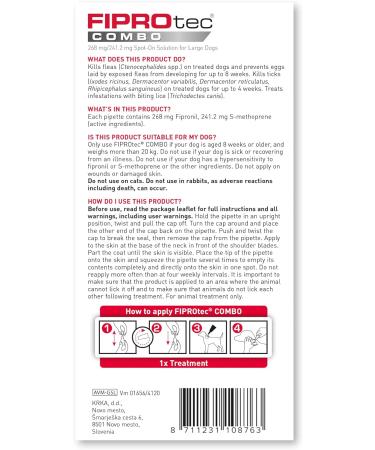 Beaphar FIPROtec Combo for Large Dogs (20-40kg) - Kills Fleas, Eggs, Ticks - Vet Strength Treatment | 6 Pipettes - Buy Online on GoSupps.com