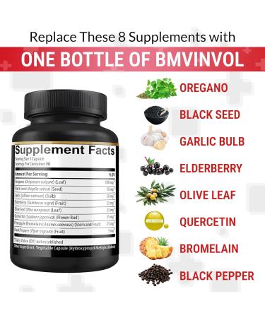 BMVINVOL Oregano Supplement | Black Seed Garlic Elderberry Olive Leaf Quercetin Bromelain Black Pepper - 8in1 Immune & Digestive Support 90 Capsules 3-Month Supply  - Buy Online on GoSupps.com