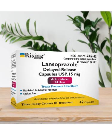 Rising Health - Lansoprazole Delayed-Release Capsules USP - Treats Frequent Heartburn - 15 mg - 42 Count - Sodium Free - Tamper Evident Bottle