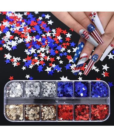 12 Grids Holographic Star Nail Glitter Sequins 4th of July Nail Art Stickers Red Blue Sliver Gold Star Nail Decals Independence Day Nail Art Star Glitter for Acrylic Nails Art Decoration Accessories