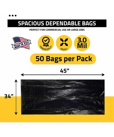 Haulmark Industrials 42-45 Gallon Black Trash Bags - 50 Count Bulk Pack | Heavy Duty 3 MIL Contractor Garbage Bags | Made in USA - Buy Online on GoSupps.com