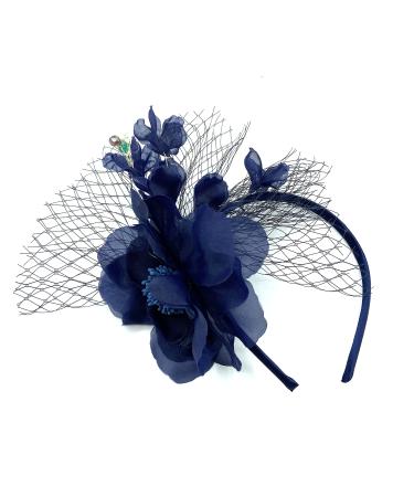 Ladies Beaded Fascinator Aliceband Hairband for Weddings Races Royal Ascot Derby (Navy Blue)