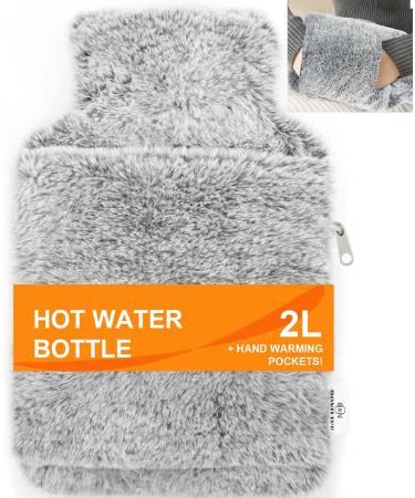 Bonilife Hot Water Bottle with Cover 2L Large Hot Water Bottle for Period Neck Back Pain Relief Fluffy Cosy Rubber Hot Water Bag with Hand Feet Warmer Pocket for Kids Adult-BrownWhite