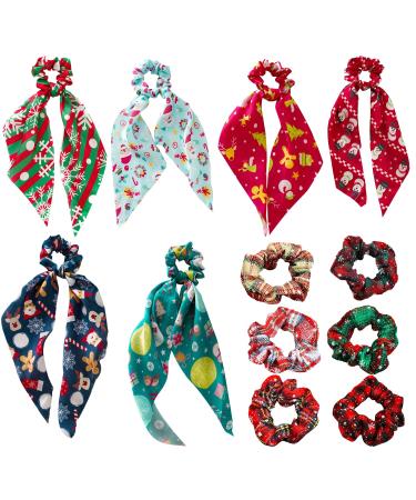 Miaija 12Pieces Christmas Hair Scrunchies Plaid Elastic Hair Bands and Bow Ribbon Scrunchies Hair Styling Fashion Headbands for Women Girls Accessories