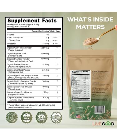 LIVEGOOD Organic Fiber Powder with Agave Inulin Psyllium Husk Pea Fiber 10 Plant-Based Sources for Digestion Detox Gut Support and Daily Wellness Organic Fiber Supplement (30 Servings) - Buy Online on GoSupps.com