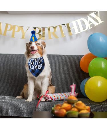 FLYSTAR Dog Birthday Bandana with Hat and Number - Blue Plaid Party Outfit for Small Medium Large Dogs - Buy Online on GoSupps.com