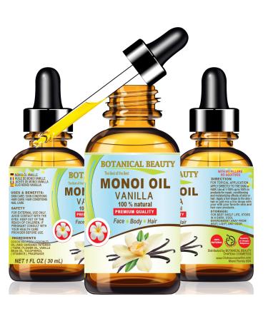Botanical Beauty MONOI OIL VANILLA - Tiare flowers in Coconut Oil and Vanilla Bean Oil 100% Natural 1 Fl.oz - 30 ml Pure for FACE SKIN BODY HAIR NAILS
