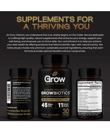 grow vitamin GrowBiotics Probiotics for Women & Men: Comprehensive Formula, 45 Billion CFU, 11 Strains, Dairy Free - w/Prebiotics and Probiotics - Promotes Immune & Gut Health - 30 Veggie Caps - Buy Online on GoSupps.com