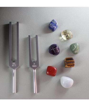 Tuning Forks with Chakra Healing Crystals Kit - 417Hz & 963Hz Solfeggio Frequency for Meditation and Relaxation - Stress Relief Gifts for Women - Recyclable Packaging (Shiny Silver) - Buy Online on GoSupps.com