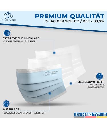 Charlemain 50x EN 14683 Type IIR Medical Face Masks - Made in Germany 3-Layer BFE 99.9% Latex-Free One-Way Protection Blue (50 Pack) - Buy Online on GoSupps.com