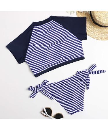 TUNUSKAT Women's 2 Piece Swimsuit Set - Color Block Graphic Tee Crop Top with Bow Striped Shorts Bikini in Blue - Size Medium - Buy Online on GoSupps.com
