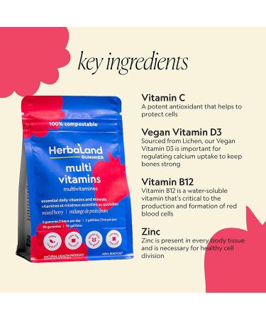 Herbaland Vegan Multivitamins Gummies for Adults - 90 Count Sugar-Free Organic Supplement with 13 Essential Vitamins - Vitamin A, C, D3, E, B6, B12, Zinc - Mixed Berry Flavor - Buy Online on GoSupps.com