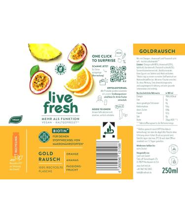 LiveFresh Biotin Multivitamin Juice Gold Rausch 24x250ml With sunflower seeds and basil extract Vegan fruit juices without added sugar Incl 6 deposit Golden noise 250 ml 24er Pack - Buy Online on GoSupps.com