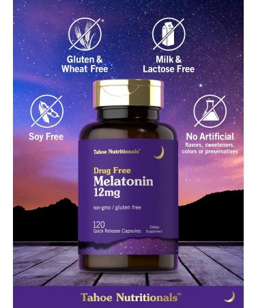 Tahoe Nutritionals Melatonin 12 mg | 120 Quick Release Capsules | Drug Free Supplement | Non-GMO Gluten Free - Buy Online on GoSupps.com