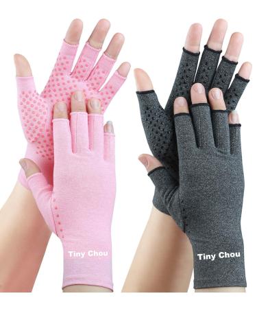 Tiny Chou 2 Pairs Arthritis Gloves Compression Gloves for Women Men Relieve Arthritis Rheumatoid Osteoarthritis Carpal Tunnel Pain Anti-Slip Fingerless Gloves for Hand Support (Pink+Grey M) Pink(1pair)+grey(1pair) Medium