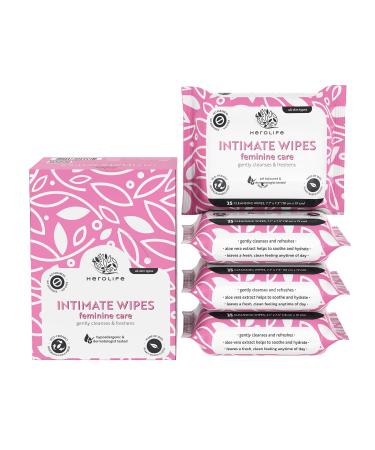 HEROLIFE Intimate Wipes Feminine Care, Plant-Based, pH-Balanced, Biodegradable, Hypoallergenic, formulated with plant-derived ingredients (4 packs of 25  100 Thick, 7.1 x 7.5 Large size wet wipes)