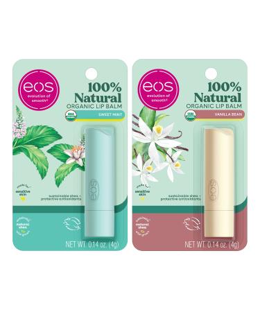 eos 100% Natural & Organic Lip Balm Stick- Vanilla Bean Sweet Mint | Dermatologist Recommended for Sensitive Skin | All-Day Moisture Lip Care Products Sweet Mint & Vanilla Bean 1 Count (Pack of 2)
