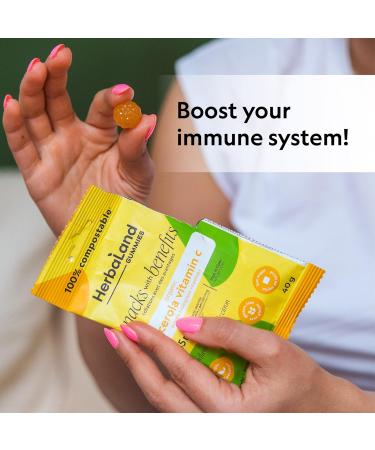 Herbaland Acerola Vit C Gummies Snacks with Benefits Vegan Low-Sugar High-Fiber Gluten-Free 45mg of Vitamin C From Organic Acerola & 10g of Organic Tapioca Fiber Per Pouch Lemon Flavor 12 x 40g (Box of 12) Compostable Pouch - Buy Online on GoSupps.com