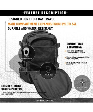 WolfWarriorX Men Backpack: Large Capacity Tactical Hiking Backpack (39L-60L), Black - Buy Online on GoSupps.com