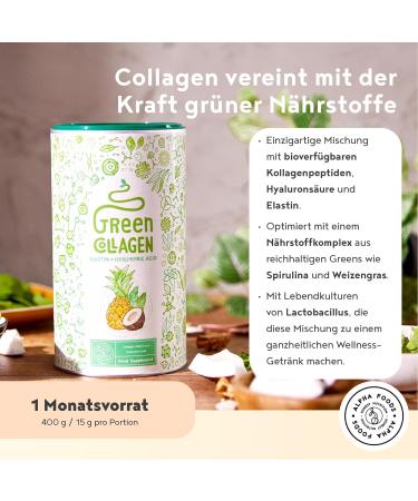 Alpha Foods Collagen Powder 400g - Type I II & III Hydrolysate with Hyaluronic Acid & Greens - Pina Colada Flavor - Premium Quality from Germany - Buy Online on GoSupps.com