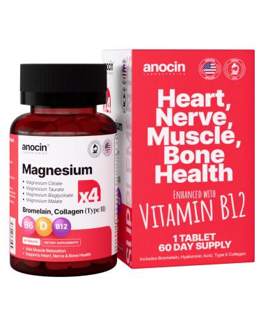 anocin 4X Magnesium Complex 200 mg + Magnesium Glycinate + Citrate + B12 High Absorption + Taurate + Malate + Bromelain+Collagen (Type II)+Hyaluronic Acid+Heart Muscle+Joint Support 60-Day