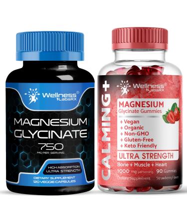 WELLNESS LABSRX Magnesium Glycinate Capsules 750mg - Magnesium Glycinate Gummies 1000mg