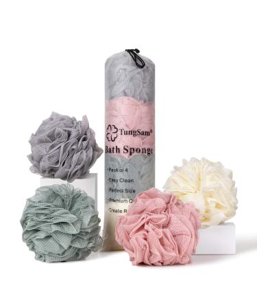 TungSam Bath Loofah Sponge, Pack of 4 Mesh Pouf Body Shower Scrubber. (Multi-Color)