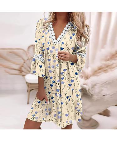 Women's Boho Floral Printed Lace Dress Loose V Neck 3/4 Sleeve Mini Beach Spring Summer Dresses for Women 02 X-Large - Buy Online on GoSupps.com