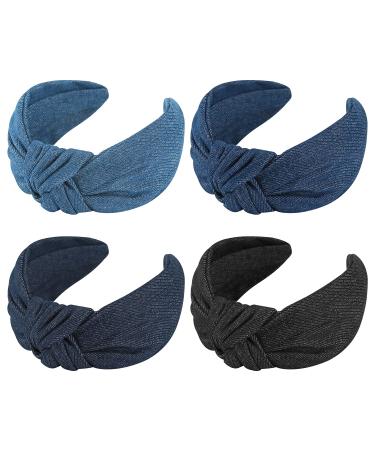 Qianxuan Denim Top Knot Headband For Women Stylish Headbands For Black Women Women Knot Headbands For Hair Designer Blue Knotted Denim Headband 4pcs