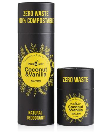 Natural Deodorant Stick Set  Aluminum Free & Zero Waste Deodorant with Full & Travel Size  Coconut & Vanilla  for Women & Men  Vegan & Cruelty Free  Plastic Free & Eco Friendly (Total 3.7oz)