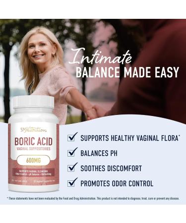 Boric Acid Suppositories for Women - 600mg | pH Balance, Vaginal Odor & Itching Relief | with Aloe Vera | Unscented | 30 Count - Buy Online on GoSupps.com