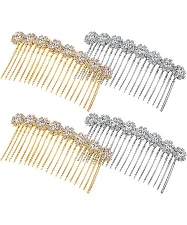 Geosar 4 Pieces Alloy Rhinestone Side Hair Combs Flower Crystal Hair Clips Wedding Hair Comb Bridal Jewelry Hair Clips Combs French Hair Accessories for Women and Girls (Silver,Gold)