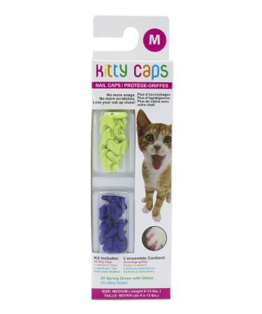 Kitty Caps Nail Caps for Cats - Spring Green with Glitter & Ultra Violet, Multiple Sizes - Safe, Stylish & Humane Alternative to Declawing - Stops Snags and Scratches - Cat Claw Caps Medium (9-13 lbs) 1-Pack