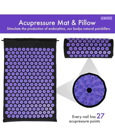 Generise Acupressure Mat & Pillow Set for Pain Relief - Black with Purple Spikes | Men & Women - Includes Travel Bag - Buy Online on GoSupps.com