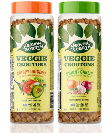 Heaven & Earth Crispy Veggie Croutons Variety Pack 12oz (2 Pack) Original + Onion Garlic | Gluten Free Caeser Croutons | Great for Salads Soups & Snacking | Made from Plaintains | Kosher for Passover
