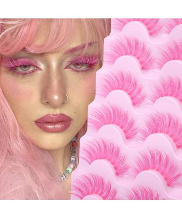 Colored Lashes 16MM Eyelashes with color 3D Fluffy Soft Faux Mink Lashes Clear Band Pink Strip Lashes Pack for Christmas Cosplay 6 Pairs
