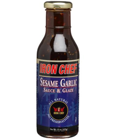 IRON CHEF Sesame Garlic Sauce & Glaze, All Natural, Kosher, 15-Ounce Glass Bottles (Pack of 3)