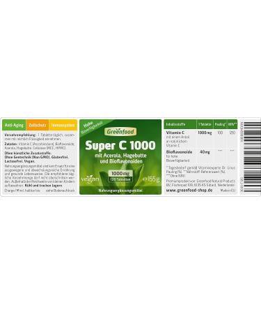 Greenfood Super C - 1000 mg Vitamin C 360 Tablets with Acerola | Vegan High Dose Immune Support Lab Tested No Artificial Additives - Shop Now! - Buy Online on GoSupps.com